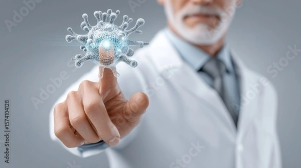 Fototapeta A scientist in a lab coat points to a digital virus model