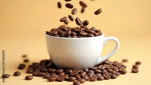 Obraz Coffee beans falling into a white cup with a light brown background in a studio setting scene view
