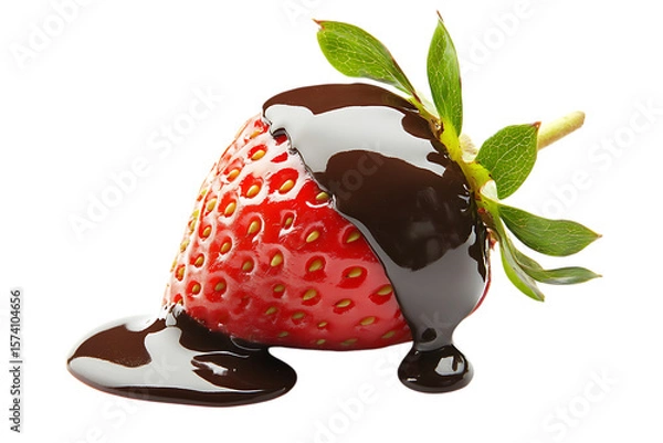 Obraz Fresh strawberry covered in dripping dark chocolate isolated on white or transparent png