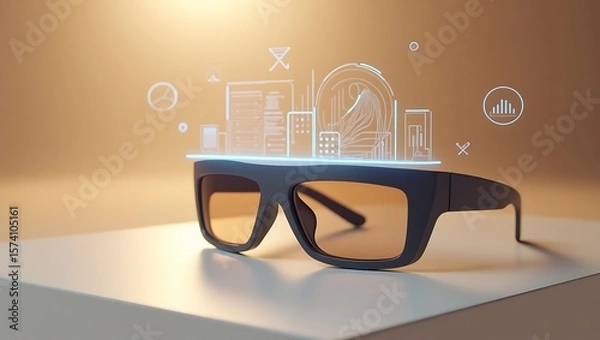 Obraz A pair of augmented reality glasses displaying a holographic city and data visualizations on a surface