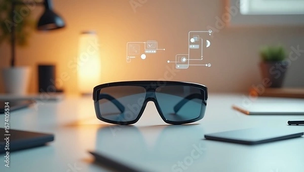 Obraz A pair of smart glasses on a desk with digital interface elements floating above them in a bright room