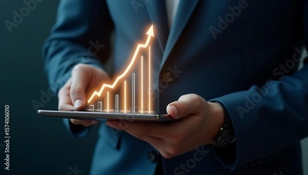 Obraz A person holding a tablet displaying an upward trending chart in front of a dark background