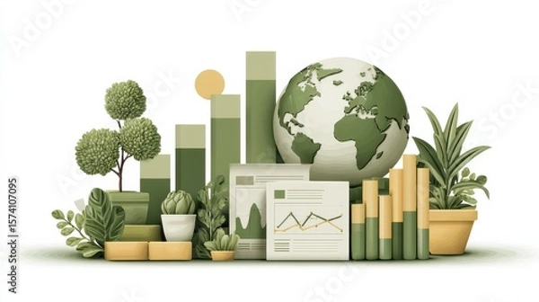 Obraz Environmental, social, and governance (esg) report showing positive growth with green planet earth, plants, and increasing bar graph