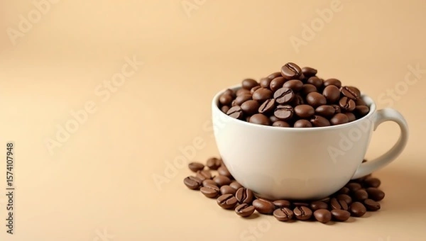 Obraz A white cup overflowing with coffee beans and some scattered around the base on a beige background