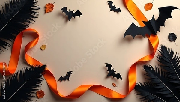 Obraz Halloween scene with orange ribbon black feathers and bats on a beige background flat lay top view