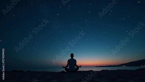 Obraz Silhouette of person meditating on beach under a starry night sky at dusk with orange horizon glow