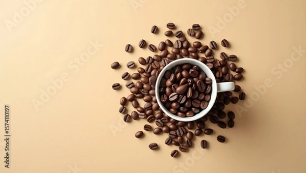 Obraz A top view of coffee beans in a white cup and scattered on a beige colored background surface flat lay