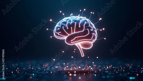 Obraz Stylized brain with glowing connections on a dark background representing intelligence and technology