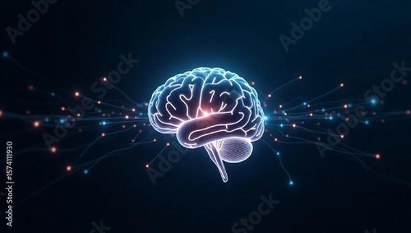 Obraz Illuminated brain with glowing particles and lines against a dark blue abstract background design