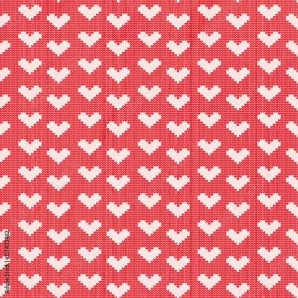 Fototapeta Red Knitted Seamless Pattern with Pixelated White Hearts