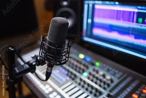 Fototapeta Professional recording studio microphone with audio mixing console and screen, concept of music production, podcasting, broadcasting, creativity and sound engineering