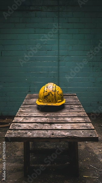 Obraz Rusty hard hat on weathered wood table in abandoned building; safety, construction, industry