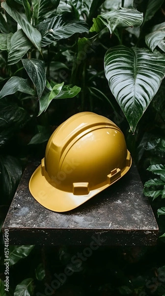 Obraz Yellow hard hat rests on dark surface amidst lush green foliage; safety, construction, environment