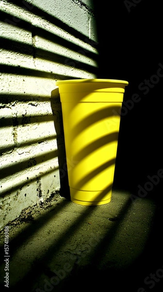 Obraz Yellow cup in shadowy alleyway, strong light and shadow patterns, urban decay background. Stock photo for design, advertising, or mood setting