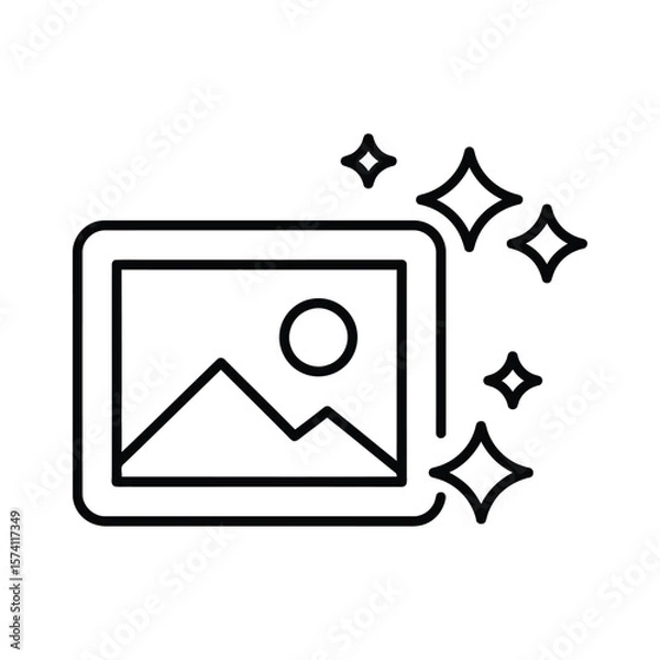 Fototapeta Minimalist AI image enhancement icon with photo and sparkle elements, line art style for app and UI design