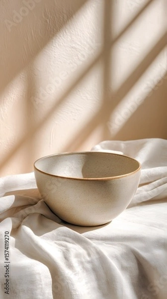 Fototapeta Artisan Ceramic Bowl with Soft Linen Textures – Embracing Natural Kitchen Aesthetics Through Earthy Materials, Calm Light, and Minimal Styling