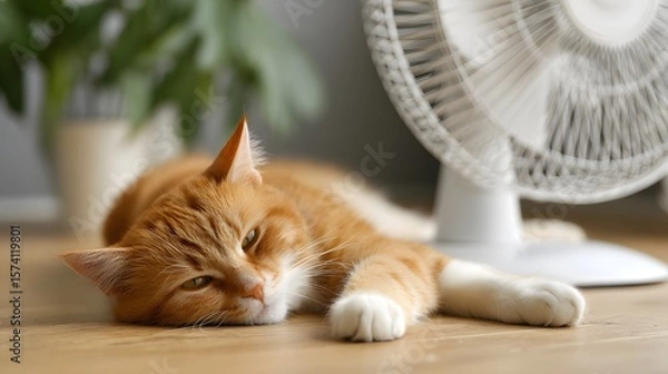 Fototapeta Tired ginger cat resting on floor near fan on hot summer day, exhausted feline cooling off indoors from heatwave, cozy home scene