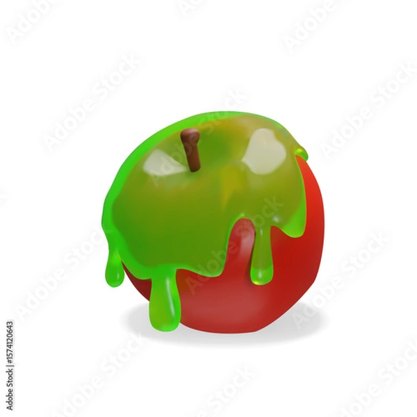 Fototapeta A cute 3D apple covered in green poisonous slime. Three-dimensional Halloween designs, spooky party decor, magical potions, or fantasy-themed illustrations. Scary food for October