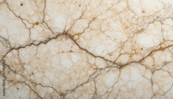 Fototapeta Close up of a cracked beige marble surface with intricate brown veining