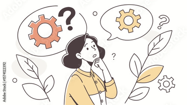 Fototapeta A thoughtful woman pondering ideas, surrounded by gears and leaves, symbolizing problem-solving and creativity.