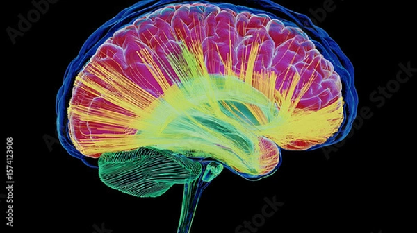 Obraz 3D rendered human brain anatomy; complex inner structure,  shown in vibrant colors; medical/educational use