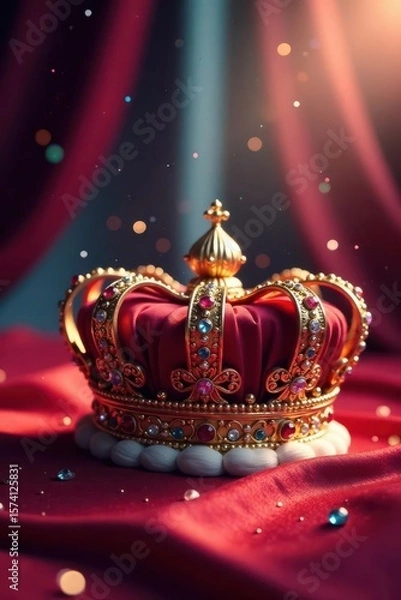 Fototapeta Crown jewels gleam, softly blurred tapestry backdrop, symbol, history