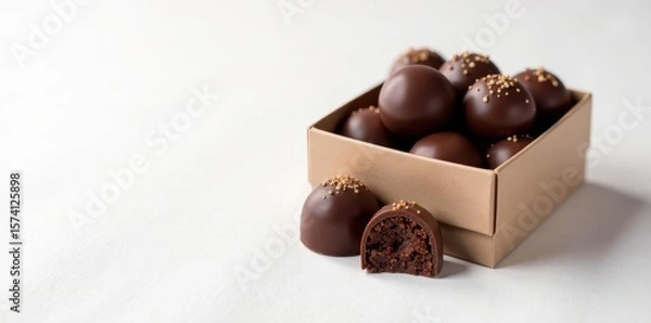 Fototapeta Elegant dark truffles arranged in a gift box, pristine white background, culinary, candy, luxury food