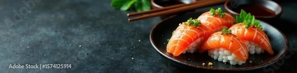 Fototapeta Elegant sushi arrangement, soy sauce, dark backdrop; overhead shot , composition, rolls, dark mood
