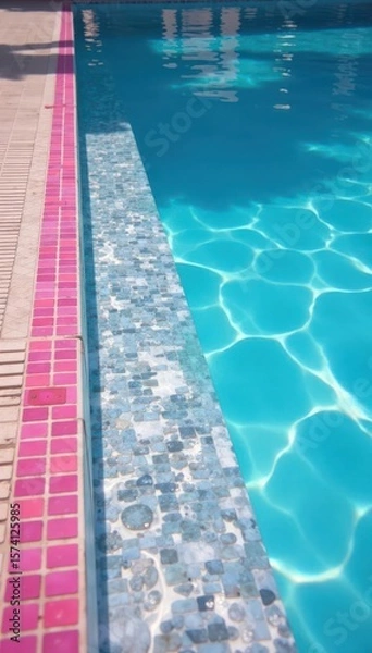 Fototapeta Geometric pink and blue pool tiles underwater Relaxing summer vacation scene , bright, cyan, aqua