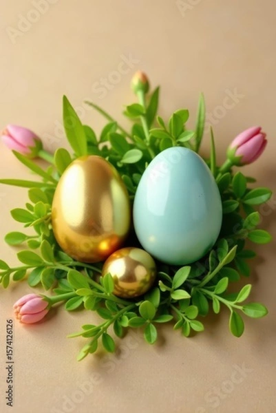 Fototapeta Gold & pastel Easter eggs nestled in spring greenery on beige, macro, background, branches