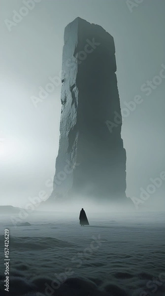 Fototapeta Mysterious Cloaked Figure Before a Giant Monolith in a Foggy Landscape