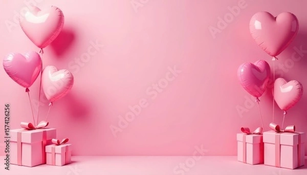 Fototapeta Pastel pink backdrop, floating heart balloons, presents, copy space, presents, invitation