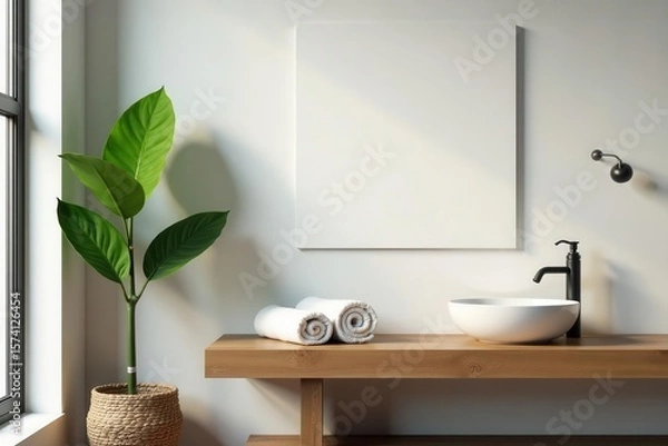 Fototapeta Rustic wooden console, folded towels, green plant, minimalist bath setting, style, white, wooden console