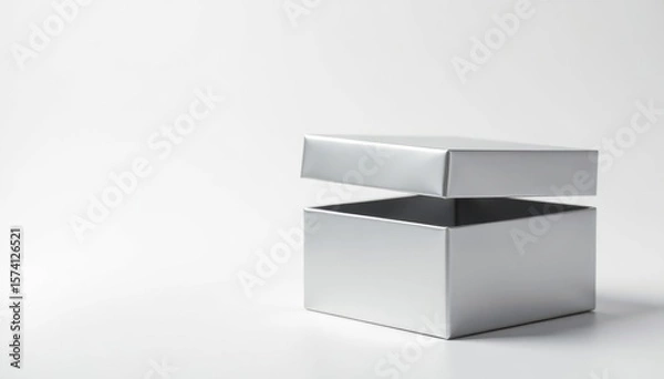 Fototapeta Sleek silver box, lid ajar, white backdrop Ideal for product display , container, white, mockup