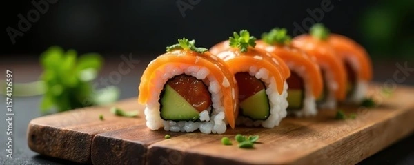 Fototapeta Sushi roll components in mid-air; clean backdrop , ingredients, design, menu