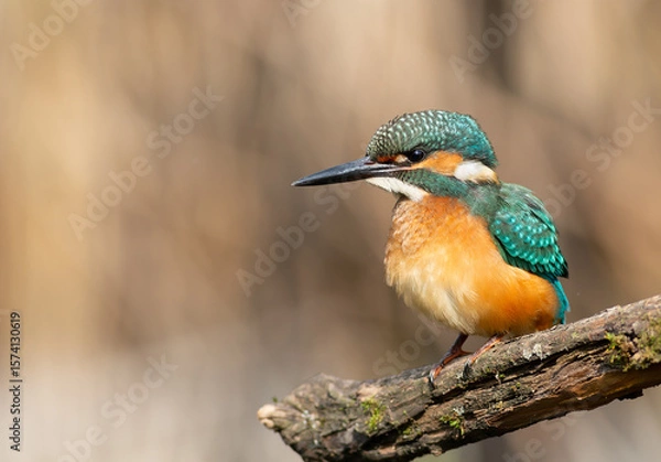 Obraz Common kingfisher, Alcedo atthis. A young bird sits on a beautiful branch waiting for prey