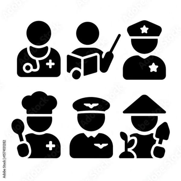 Obraz  Pictogram Silhouette Icon Set Black Sign collection of black silhouette icons depicting various professions avatar, ideal for use in infographics, presentations, and digital interfaces.