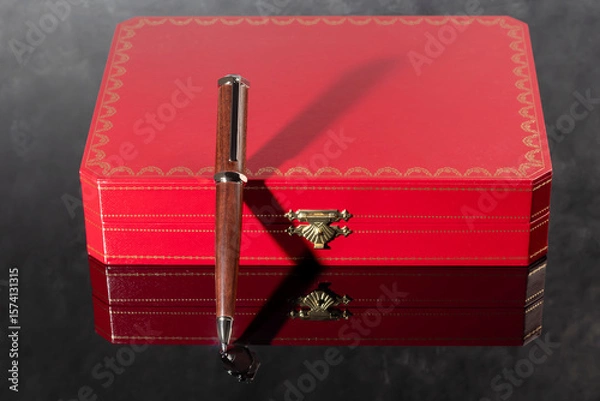 Obraz Branded pen with cufflinks and business card holder in a box. Gift set. Office interior.