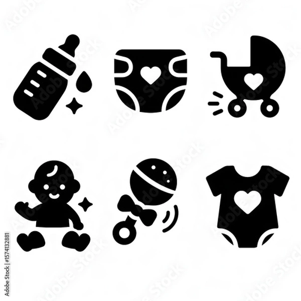 Obraz Black Pictogram Silhouette Icon Set Baby Care Signs, a Collection of Six Essential Black and White Icons, Representing Baby Bottle, Diaper, Stroller, Baby, Rattle, and Onesie