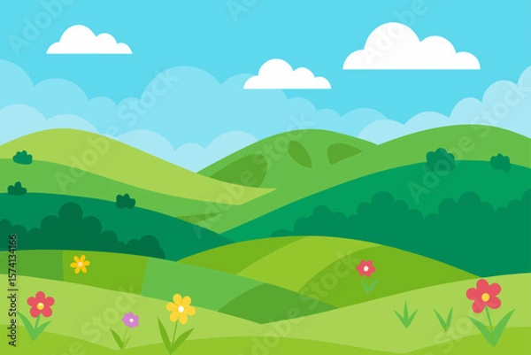 Fototapeta rolling green hills with wildflowers in bloom