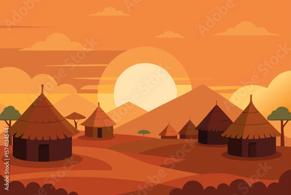 Fototapeta traditional african village at sunrise