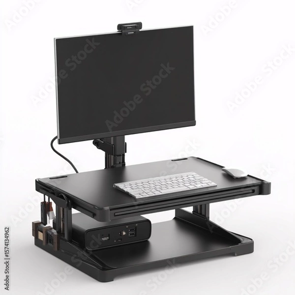 Fototapeta Ergonomic standing desk converter adjustable height sit stand desk workstation for home office setup