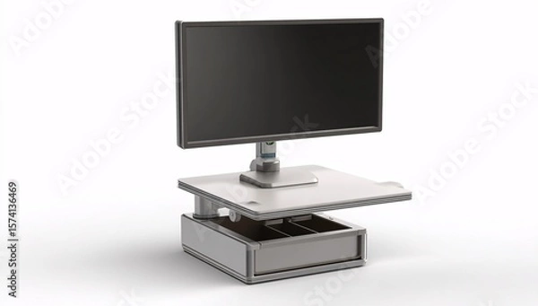 Fototapeta Ergonomic adjustable monitor riser stand desk organizer for home office computer workstation setup silver