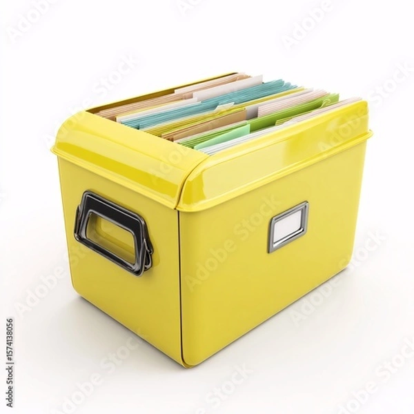 Fototapeta Yellow metal file box container with hanging files for office organization and document storage solutions