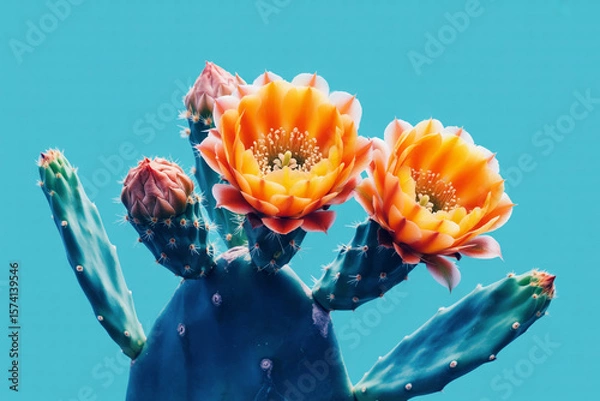Obraz Cactus Radiance Orange Blossoms on Blue (1)