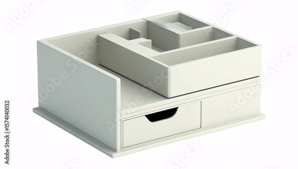 Fototapeta Modern white desk organizer with drawer and compartments for office supplies and home organization storage