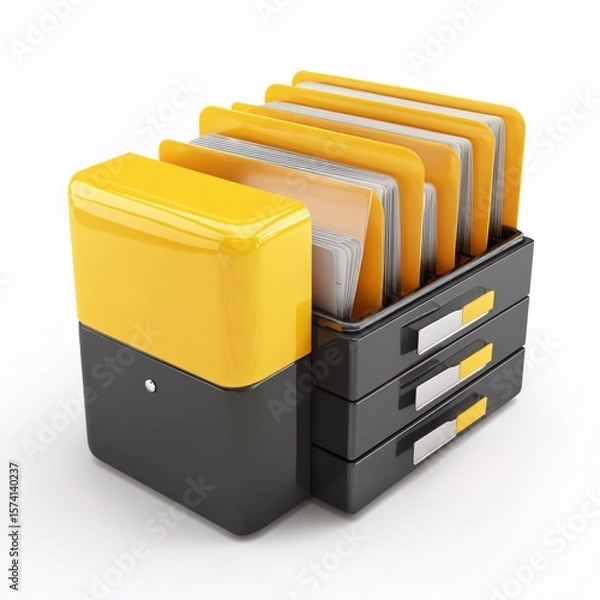Fototapeta Yellow and black file cabinet with folders organization system for document management and storage solution