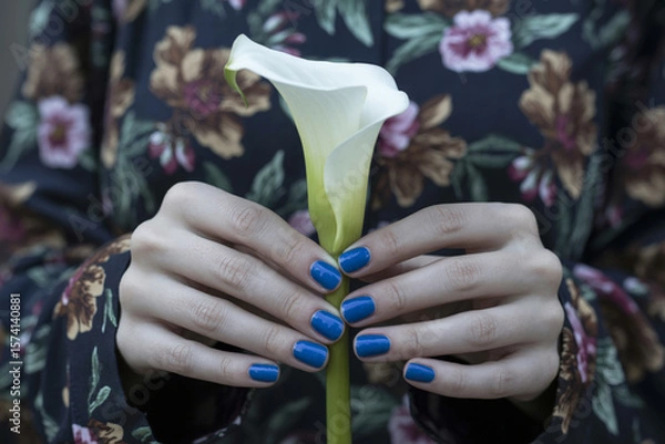 Obraz Elegance in Contrast Blue Nails and a White Calla Lily (1)