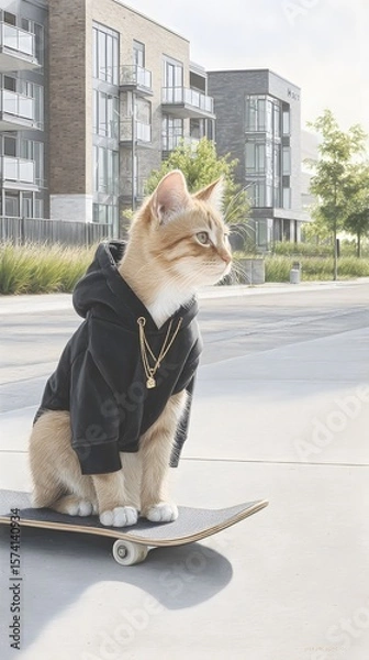 Fototapeta Urban Cat on a Skateboard – Whimsical Street Style Portrait Featuring a Hoodie-Wearing Feline and Gold Pendant in Modern City Vibes