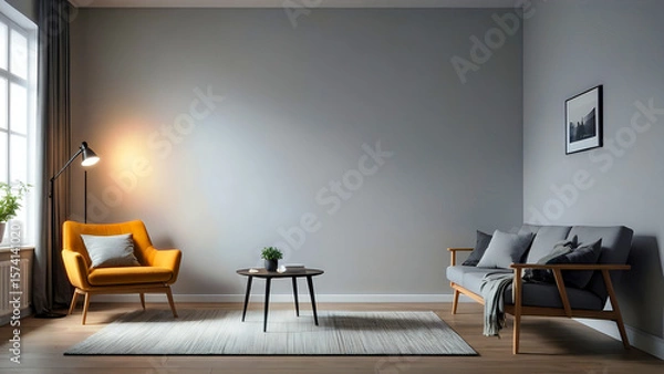 Fototapeta Simple white modern living room with minimal interior. Warm afternoon sunlight coming through windows. A 3D rendered design concept.